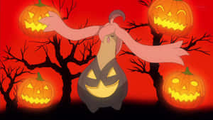一個萬聖節主題的寶可夢，被發光的傑克南瓜燈包圍，背景是紅色天空。 — 寶可夢 壁紙