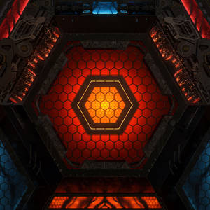 在紅色和藍色照明的科幻走廊中發光的未來六角形核心。 — 鋼鐵人標誌 壁紙