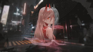 動漫女孩有紅色角漂浮在雨夜霓虹街道上方。 — 4K 卡通 壁紙