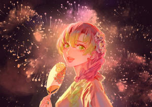 粉紅色頭髮和綠色眼睛的動漫女孩，在煙火背景下拿著扇子。 — 甘露寺蜜璃 壁紙