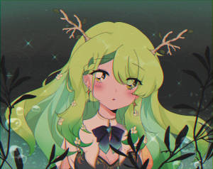 星空夜晚中，綠色頭髮和樹枝鹿角的動漫女孩。 — 可愛動漫女孩 壁紙