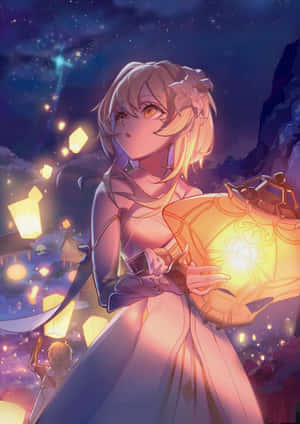 動漫女孩在繁星點點的夜空下提著發光燈籠，周圍有漂浮的光芒。 — 動漫戰鬥 壁紙
