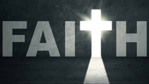 一個發光的十字架將光線穿過深色牆上的「FAITH」字樣投射出來。 — 靈性動圖 壁紙
