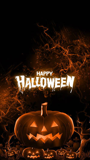 發光的南瓜燈，橙色煙霧中帶有「Happy Halloween」文字。 — 可愛萬聖節 壁紙