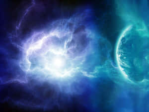 一個發光的藍色和紫色星雲在深空中圍繞著一顆發光的行星旋轉。 — 宇宙 壁紙