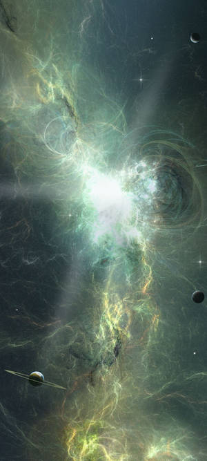 一個發光的宇宙星雲，行星在佈滿星星的虛空中運行。 — 銀河手機 壁紙