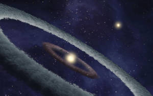 一個發光的宇宙環繞著一顆明亮的恆星，在佈滿星星的星雲中。 — 太空船 壁紙