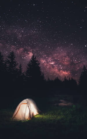 夜晚森林中一頂亮著的帳篷，星空下銀河閃耀 — 手機 壁紙
