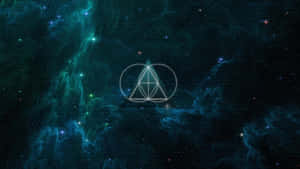 在青綠色星雲和星場背景下，發光的白色幾何符號。 — 美學大理石 壁紙
