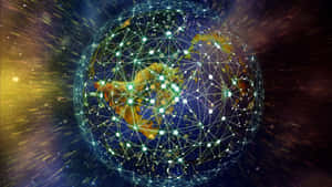 一個發光的數位地球儀，帶有相互連接的節點，在星空宇宙背景中。 — 星際效應 壁紙