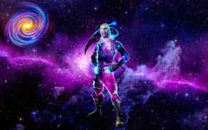 在色彩繽紛的宇宙星雲中發光的未來戰士，背景有星系。 — 電玩遊戲 GIF 壁紙