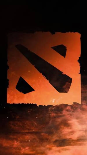 一個發光的橙色 DOTA 2 標誌，以火焰般的天空和黑暗剪影為背景。 — 電玩遊戲 GIF 壁紙