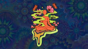 一個冥想人物被花朵環繞，站在發光的底座上，背景是曼陀羅圖案。 — 北極熊 壁紙