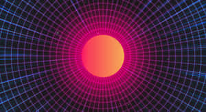 星空黑色背景上帶有發光橙色圓圈的霓虹網格隧道 — 80年代美學 壁紙