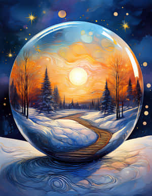 一個水晶球包含一條積雪的森林小徑，在日落天空下，上方有星星。 — 日落 壁紙