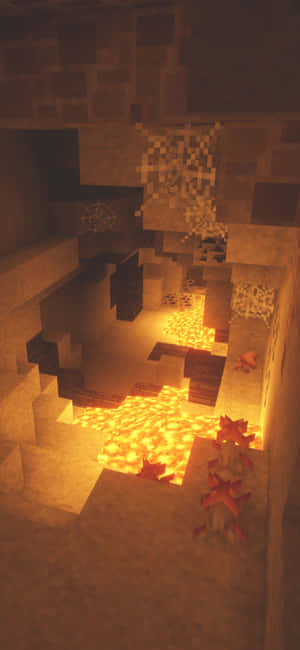 Minecraft 洞穴，有發光的熔岩和紅石火把照亮石牆。 — iPhone 17 Pro Max 壁紙