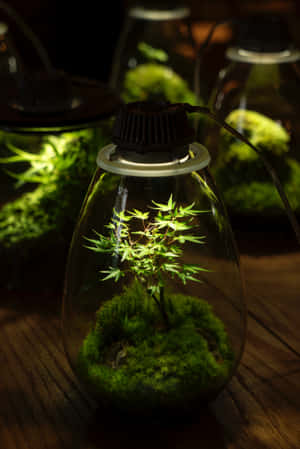 一個玻璃容器，內有小型植物和苔蘚，由內部燈泡照亮，放在木頭上。 — 小米平板 9 Pro Max 壁紙