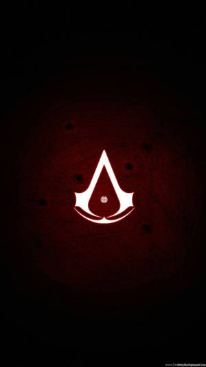 Assassin's Creed 標誌發光白色，襯以深紅色紋理背景和子彈孔。 — 遊戲 壁紙