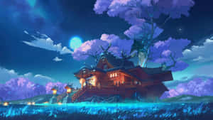 一個發光的紅色神社漂浮在發光的水面上，在滿月下的星空夜空下。 — 電玩遊戲 GIF 壁紙