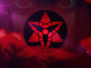 紅色輪迴眼符號在黑暗雲層和漂浮眼睛中發光。 — 日式審美桌面 壁紙