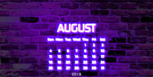 霓虹燈日曆在夜間顯示2019年8月，背景為磚牆。 — 日落 壁紙