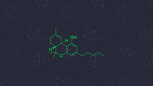 一個發光的綠色化學分子在深色背景上，帶有微弱的分子圖案。