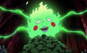 發光的綠色動漫角色，臉頰通紅，伴隨電弧從樹葉中出現。 — 路人超能100 GIF 壁紙