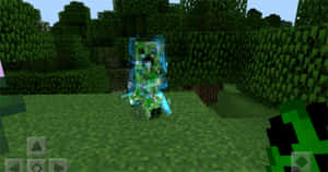 一個發光的綠色爬行者在Minecraft森林中，有方塊狀的樹木和草地。 — 我的世界苦力怕 壁紙