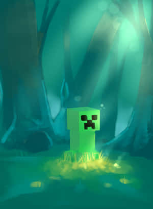 神秘森林中發光的綠色爬行者，伴隨著青色光芒。 — Kindle Paperwhite 壁紙