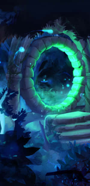 夜間黑暗森林中的神秘發光綠色傳送門。 — Runescape 壁紙