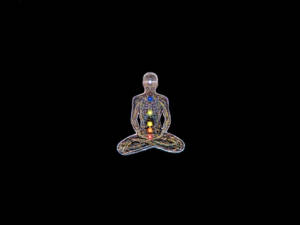 線框人體在黑色背景上冥想，帶有發光脈輪 — 工具 壁紙