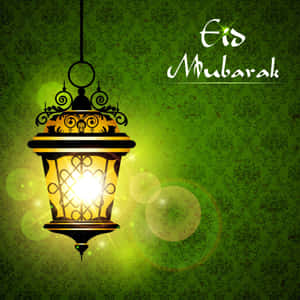 發光的燈籠，在綠色圖案背景上帶有Eid Mubarak文字。 — iPad Air 壁紙