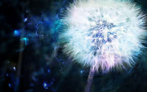 一個發光的蒲公英種子頭在佈滿星星的宇宙星雲中飄蕩，帶有電藍色閃電。 — 蒲公英 壁紙