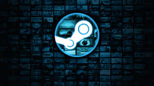 發光藍色 Steam 標誌，置於深色遊戲封面網格上。 — 魔法森林 壁紙