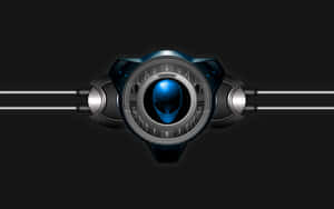 Alienware 標誌，採用金屬圓形設計，帶有發光藍色外星人頭部。 — 深色模式 壁紙