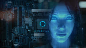一個女人的臉上帶有發光的藍色數位電路和文字「嗨，我是 Cortana」。 — 暗黑美學電腦 壁紙