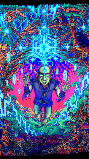 一個發光的精靈人物，被霓虹水晶和迷幻森林元素包圍。