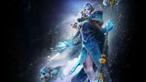 一個藍色裝甲的奇幻戰士與狼同伴在雪地森林中。 — 冰雪奇緣 艾莎 壁紙