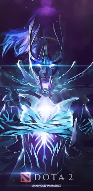 一個來自Dota 2的發光藍色裝甲英雄，在宇宙背景下散發出輻射能量。 — 刀塔2 壁紙