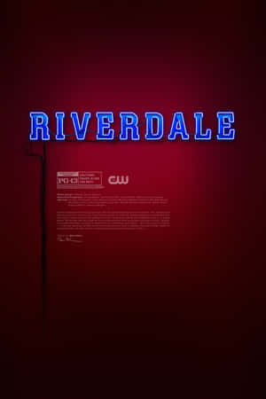紅色牆上的藍色霓虹 Riverdale 標誌，附有電視節目製作人員名單。 — 河谷鎮 壁紙