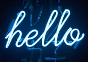 藍色霓虹燈牌，hello 字樣以斜體發光。 — 霓虹燈 壁紙