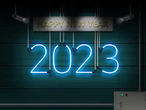 霓虹燈牌顯示2023，上方有「HAPPY NEW YEAR」牌匾，掛在木牆上。 — 霓虹燈 壁紙