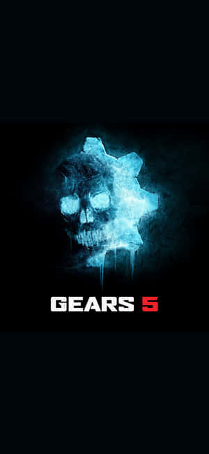 發光藍色頭骨與齒輪融合，黑色背景，帶有 Gears 5 標誌。 — iPhone 18 壁紙