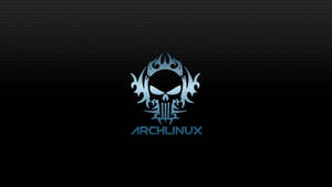 藍色骷髏標誌，帶有 'ARCHLINUX' 文字，位於深色紋理背景上。 — 標誌 壁紙