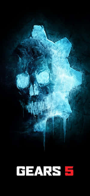 發光藍色骷髏頭和齒輪標誌滴落冰塊，帶有「GEARS 5」文字。 — iPhone 14 Pro Max 壁紙