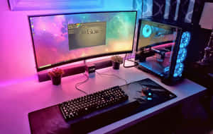 配備RGB燈光和宇宙風格顯示器壁紙的遊戲PC設置。 — PC 遊戲 壁紙