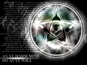 一個發光的五角星符號，背景中有反轉文字和短語「An ye harm none do as ye will」。 — 魔法森林 壁紙