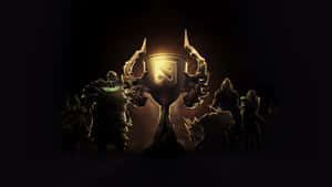 奇幻戰士在黑暗中高舉發光的Dota 2冠軍獎盃。 — 刀塔2 壁紙
