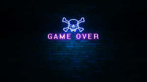 磚牆上帶有骷髏頭和交叉骨頭的霓虹燈 game over 標誌 — 暗黑地牢 壁紙