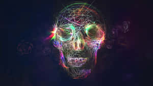 霓虹線框骷髏頭，在宇宙黑暗中帶有發光軌跡和深色玫瑰。 — 糖骷髏 壁紙